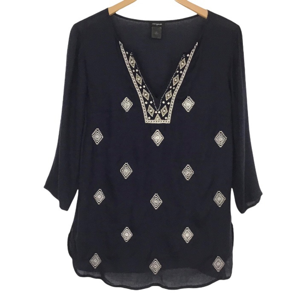 Ann Taylor Semi Sheer Black Blouse Bohemian Metallic Embroidery Beads Size Small